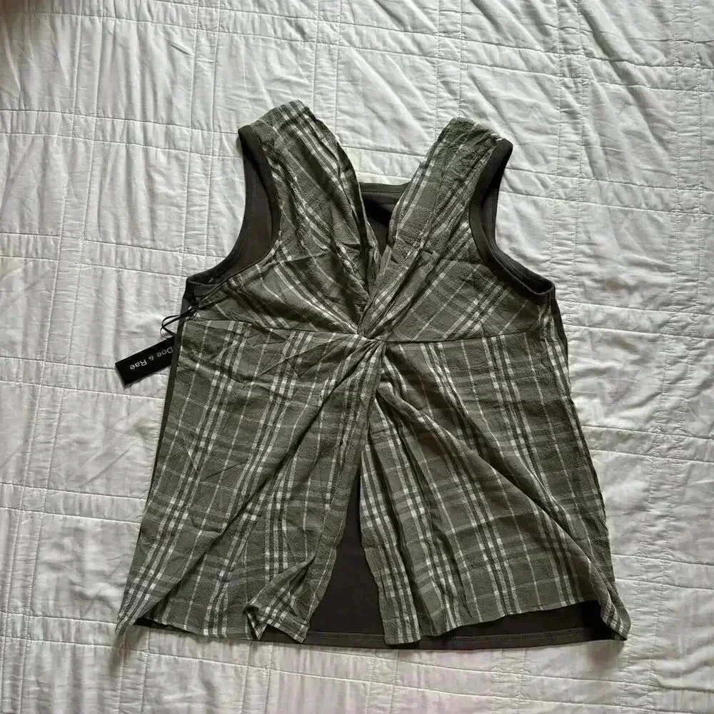 Plaid top prairie rouche‎ knot sleeveless olive green doe & Rae women large